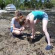 Brynn Doherty and Brittany Clark dig into the sand looking for an elusive clam. KATRINA CLARK/Boothbay Register